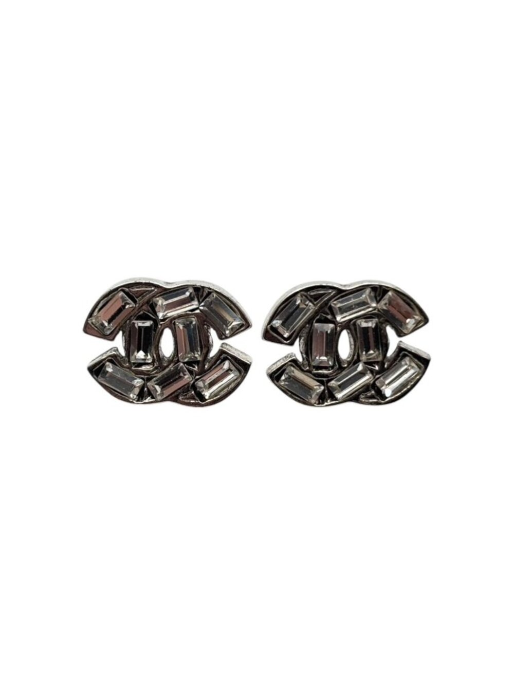 Chanel Earrings CC Logo 07 Metal Square Rhinestone Silver